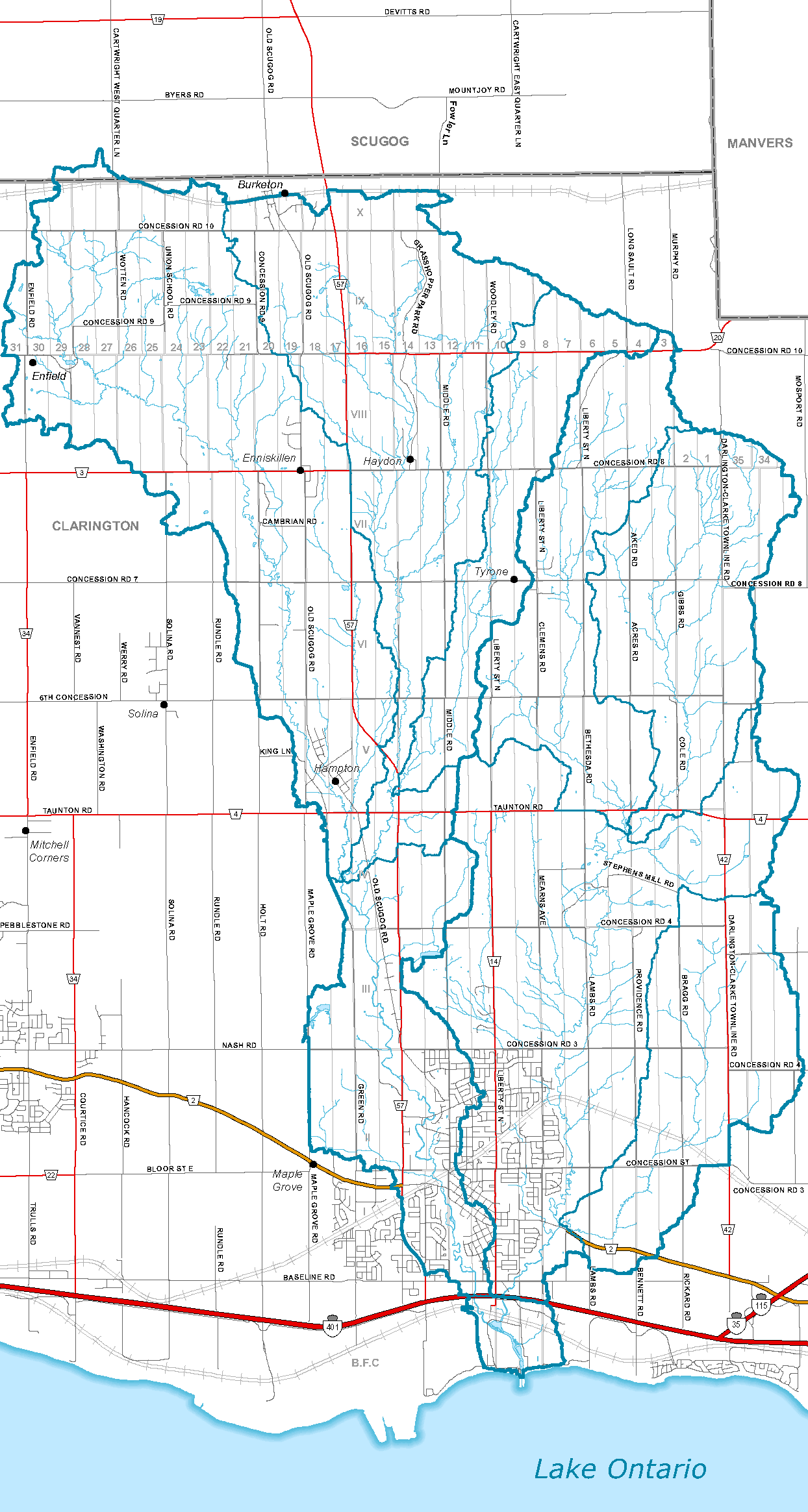 Click for a larger map of the Bowmanville/Soper Creek Watershed.